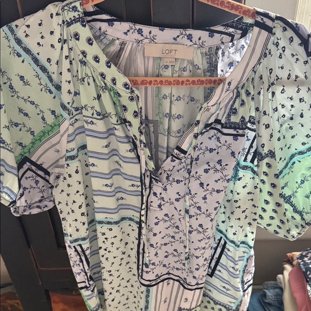 LOFT Mint and Navy Patterned Blouse